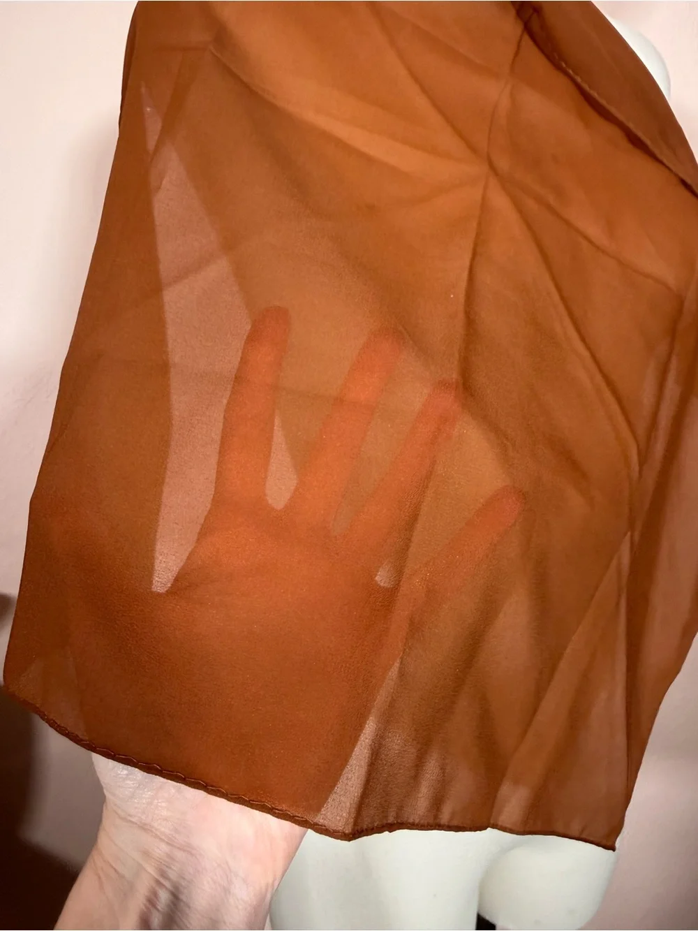 Vintage minimalist semi sheer rust brown rolled edge square scarf cravat EUC